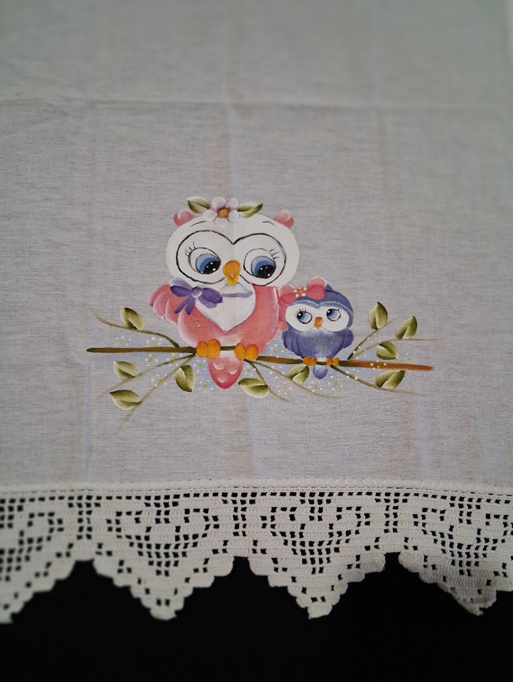Painted Owl Tea Towel with Crochet Edge - White - Picture 2 of 4